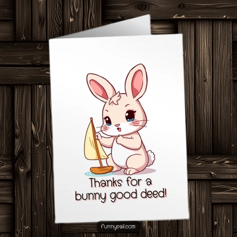 Funny free printable thank you card: A determined rabbit carefully adjusts a tiny sail with its paw, conveying gratitude for dedication.