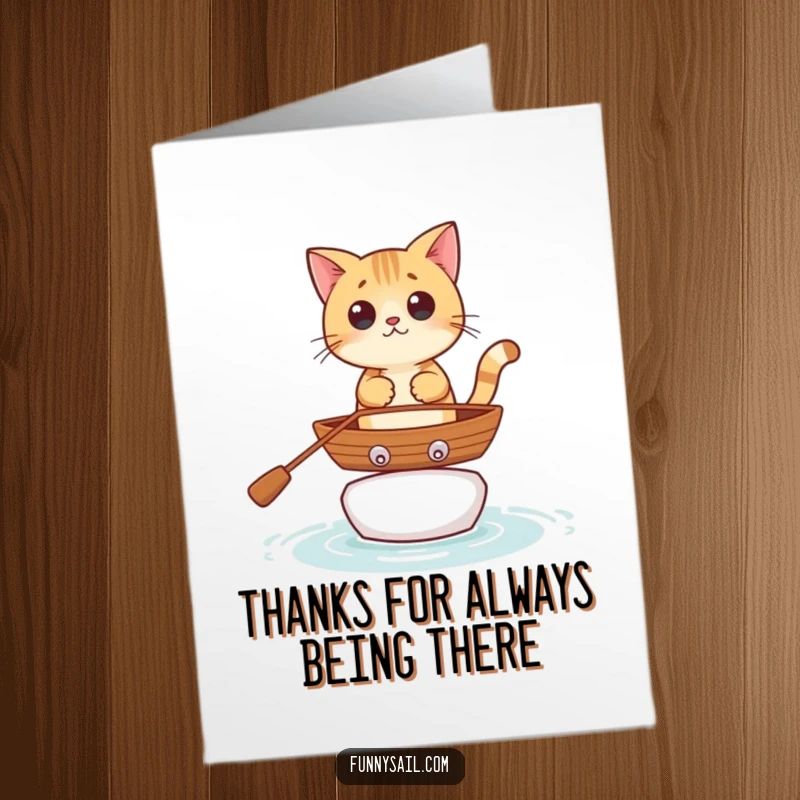 Funny free printable thank you card featuring a curious cat in a rowboat, looking grateful and a little wobbly.