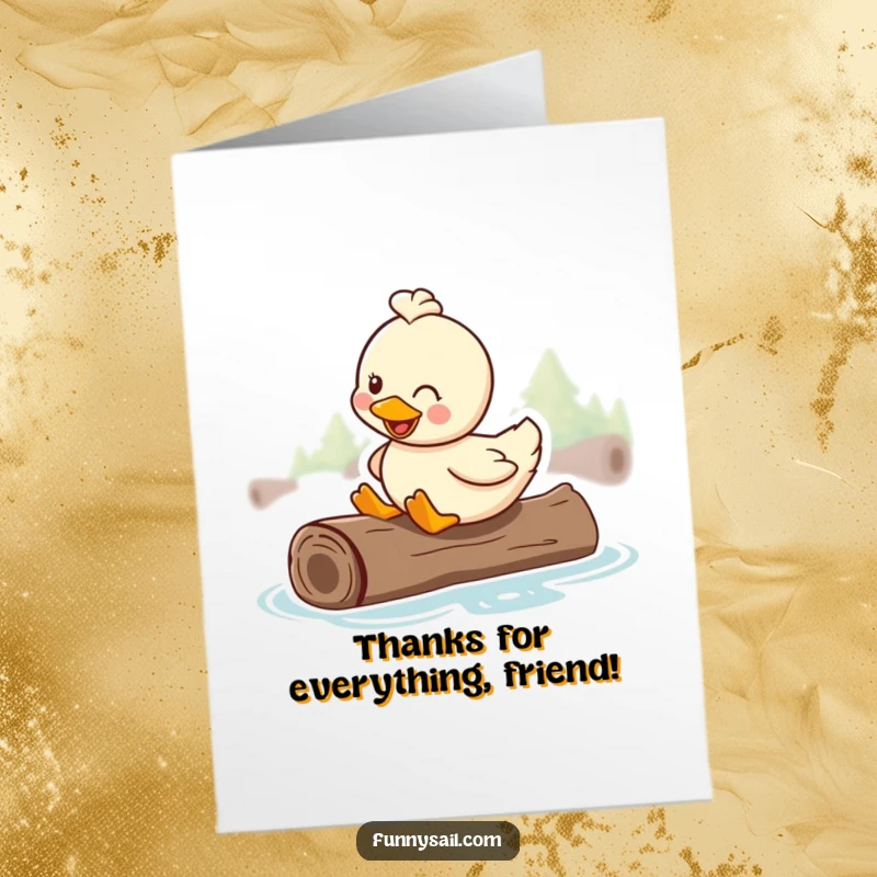 Funny free printable thank you card: A happy duck rides serenely on a floating log, sending a big smile and thanks.