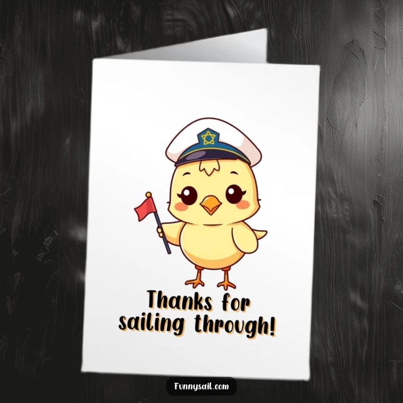 Funny free printable thank you card: A cheerful bird in a sailor hat holds a small flag, sending heartfelt thanks across the waves.