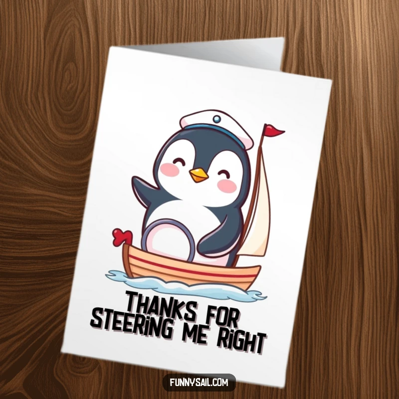 Funny Free Printable Thank You Card: Penguin wearing a sailor hat, steering a small boat, expressing thanks at sea, downloadable gift.