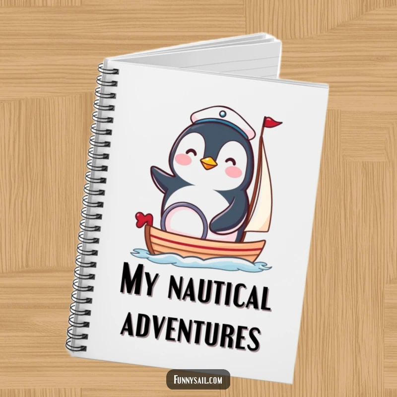Funny penguin sailor notebook featuring a happy bird in a tiny hat steering a miniature sailboat, perfect for notes.