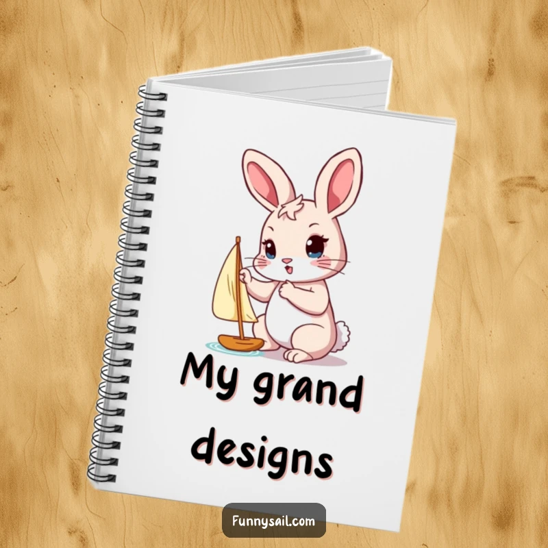 Funny notebook cover with a determined rabbit adjusting a tiny sail with its paw, ready to captain your goals.