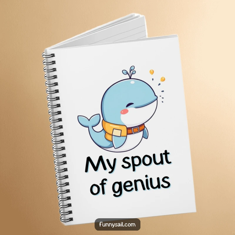 Funny whale in a life vest spraying water, cute notebook for journaling, playful stationery, sea-themed gift.