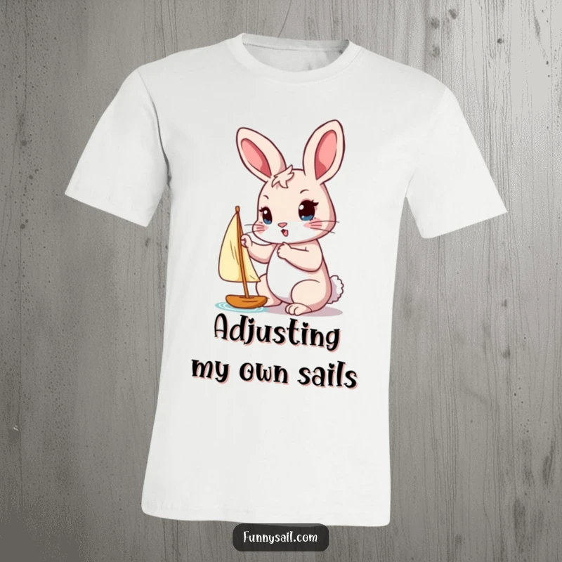 Funny t-shirt featuring a determined rabbit intently adjusting a small sail with its paw, symbolizing focus and effort.