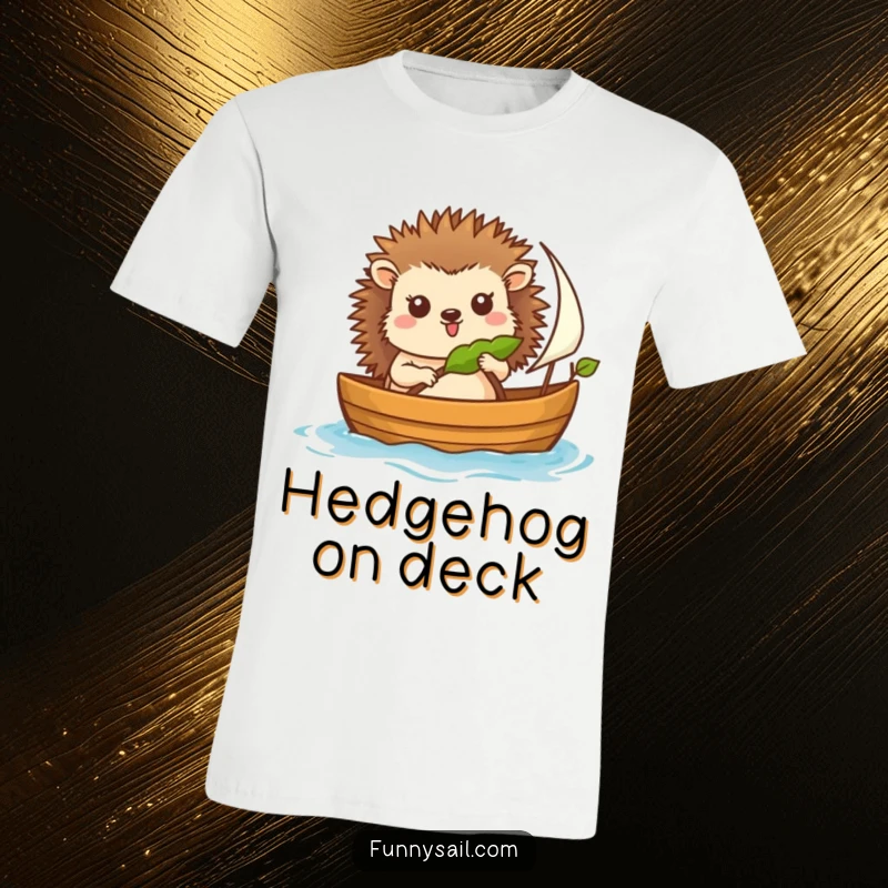 Funny T-shirt showcasing a happy hedgehog captaining a small boat, using a leaf as a sail in a delightful nautical scene.