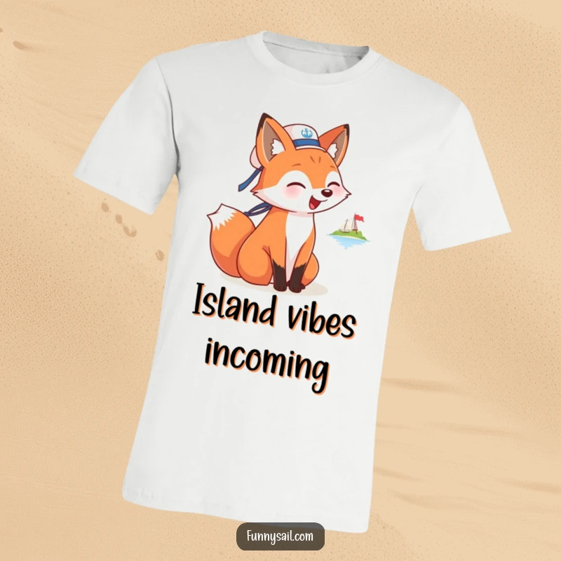 Funny T-shirt featuring a fox wearing a sailor hat, joyfully barking at a far-off island, capturing a sense of exploration.
