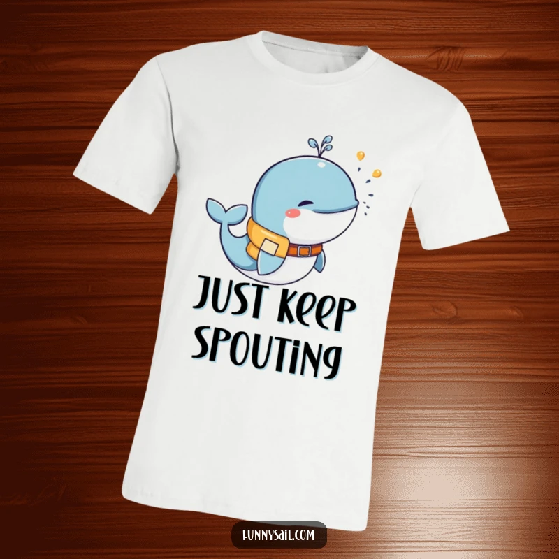 Funny whale wearing a life vest playfully spouting water, cute marine mammal graphic tee, perfect funny gift for ocean fans.