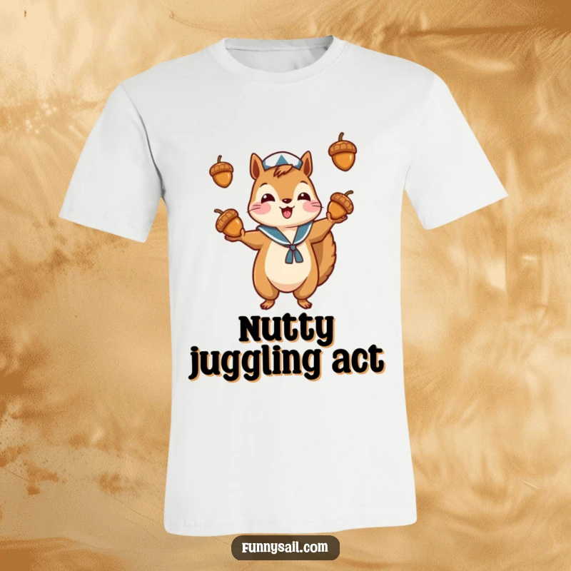 Funny T-shirt featuring a squirrel dressed as a sailor, energetically juggling three acorns with impressive skill and a smile.