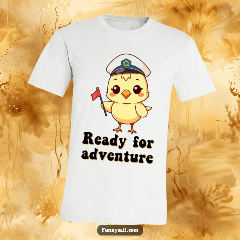 Funny t-shirt featuring a happy bird sporting a sailor hat and holding a small flag, symbolizing fun and adventure.