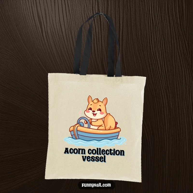 Funny tote bag showcasing a happy squirrel steering a toy boat with a big grin, ready for adventure.