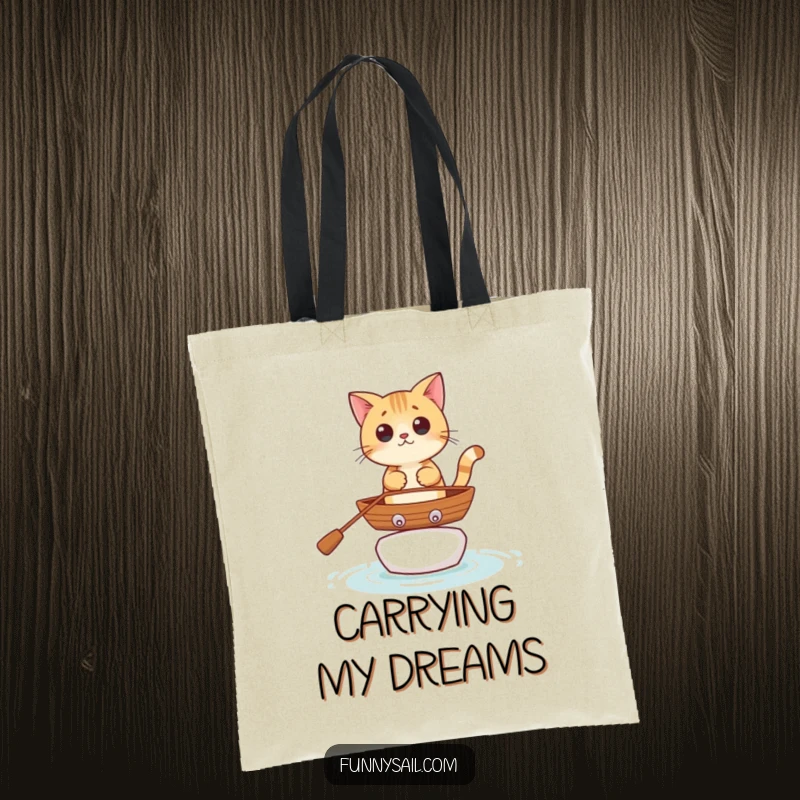 Funny curious cat character in a rowboat, perfect for a durable and humorous tote bag for everyday use.