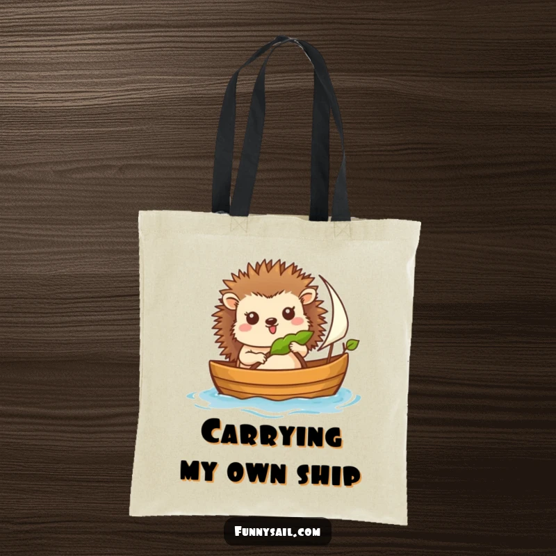 Funny tote bag featuring a cheerful hedgehog sailor at the helm of a leaf-sailed boat, ready for any errand.