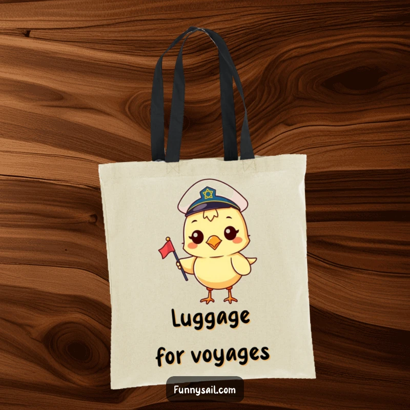 Funny tote bag showcasing a happy bird in a sailor hat, holding a small flag, ready for ocean adventures.